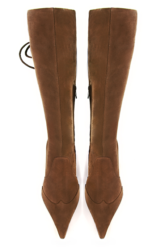 Caramel brown women's knee-high boots, with laces at the back. Pointed toe. High block heels. Made to measure. Top view - Florence KOOIJMAN